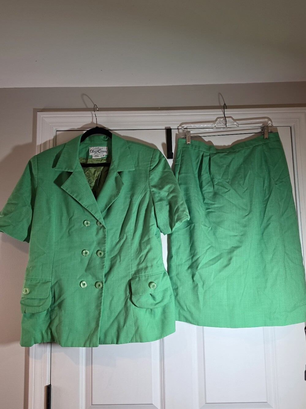 Oleg Cassini Vimtage Green Double Brested Short Sleeve Blazer Skirt Set Sz 16